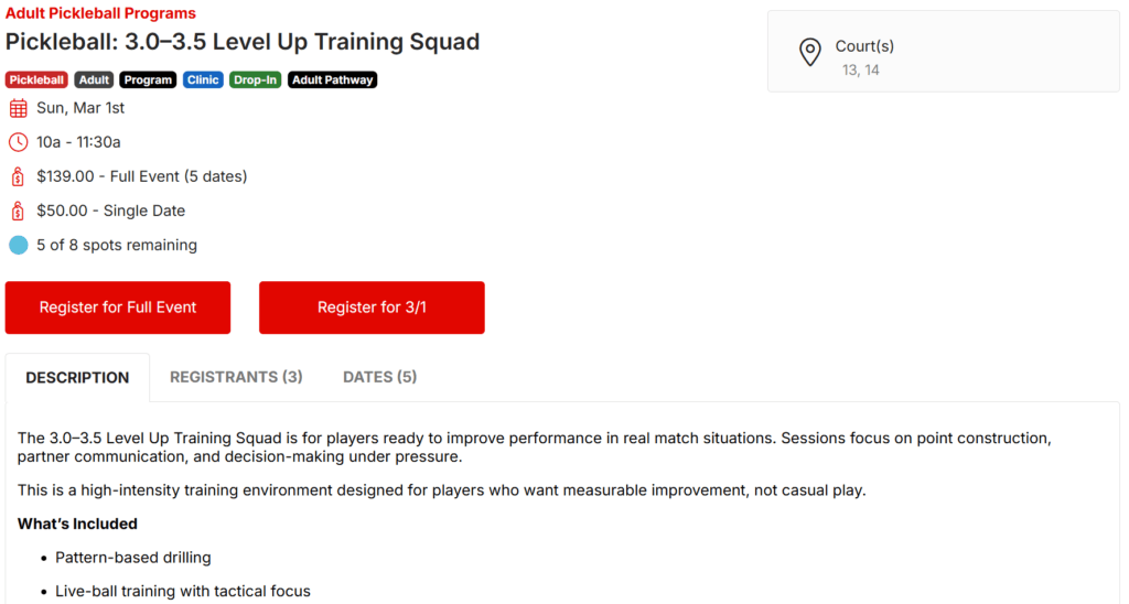 CourtReserve pickleball class registration page