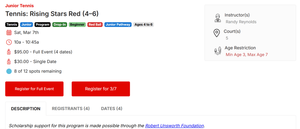 CourtReserve junior tennis registration Reno Nevada