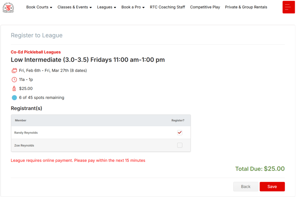 registering for pickleball league or lesson in CourtReserve